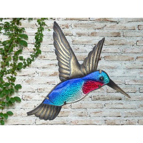 Creekwood Colourful Blue Hummingbird Metal Glass Garden Wall Art